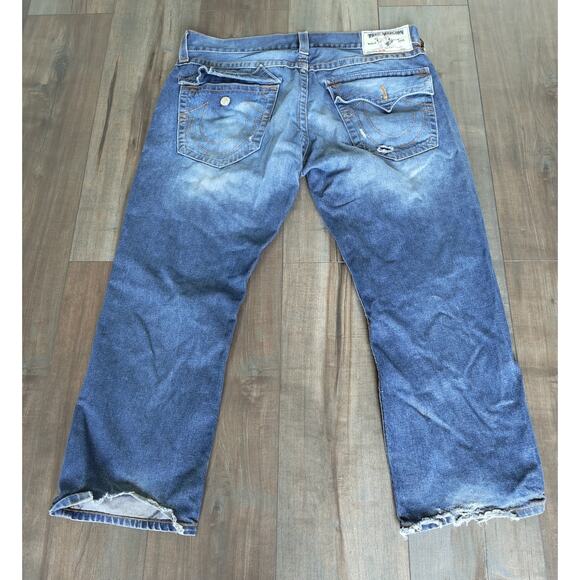 True Religion Mens Jeans 38 Slim Fit Blue Distressed Straight Leg Denim Casual - Picture 4 of 8